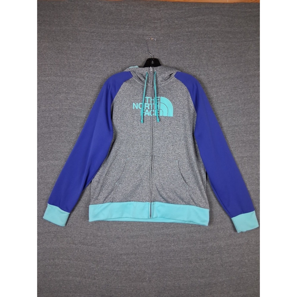 The North Face Womens Jacket XL Blue Full Zip Hoodie Fleece Script Logo Outdoor